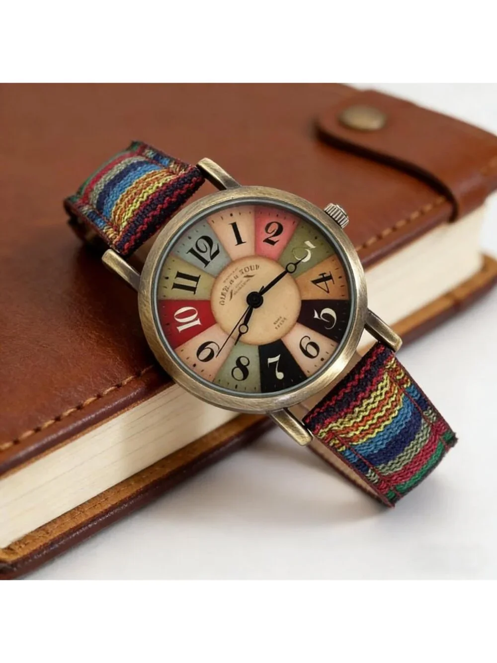 Women's Blue Creative Multicolor Woven Strap Fashion Rainbow Pattern Watches